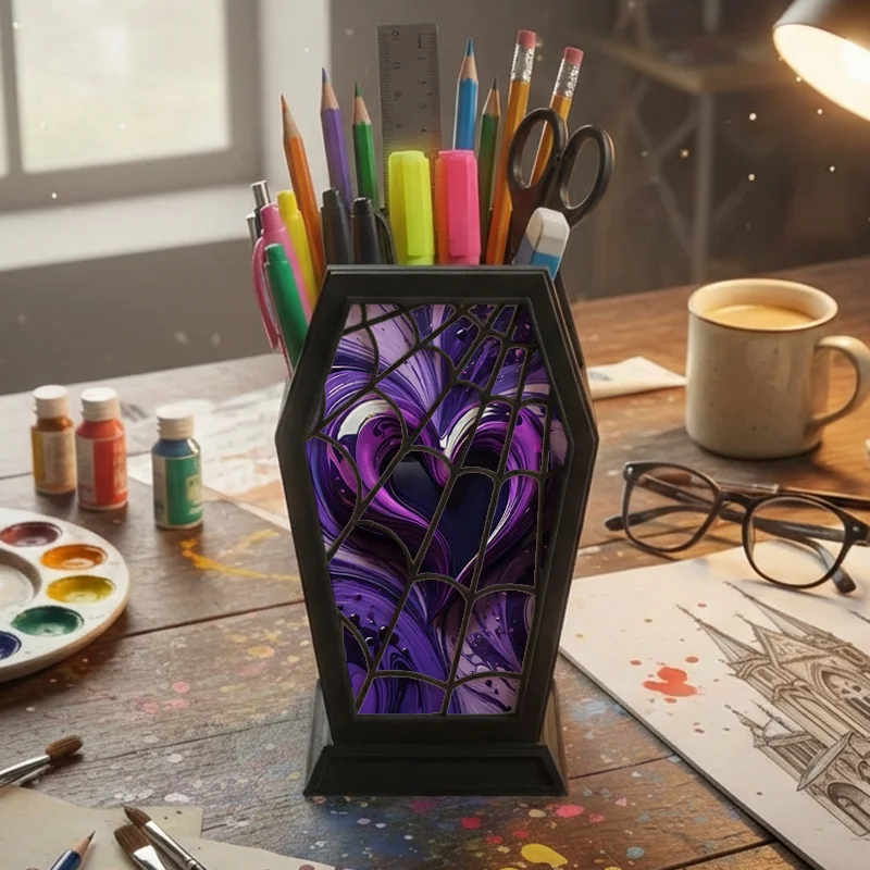 Gothic Coffin Pen Holder with Purple Heart Spider Web Print, Dark Academia Desk Organizer, Witchy Stationery Storage Gift for Go