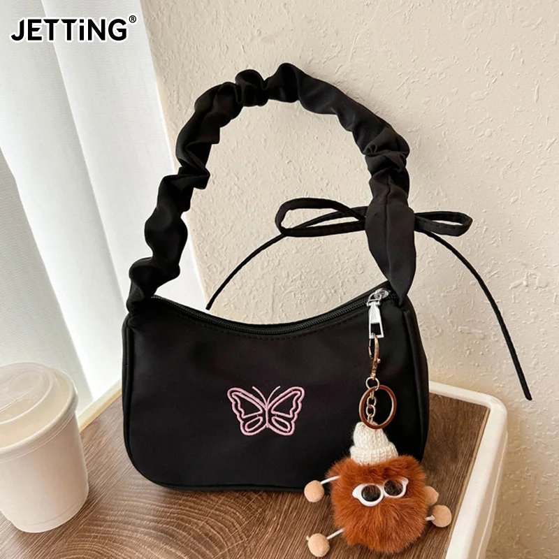 Cute Embroidered Bowknot Butterfly Shoulder Bag Women Pleated Handbag Half-moon Underarm Bag Fashion Oxford Nylon Bow Tote Bag