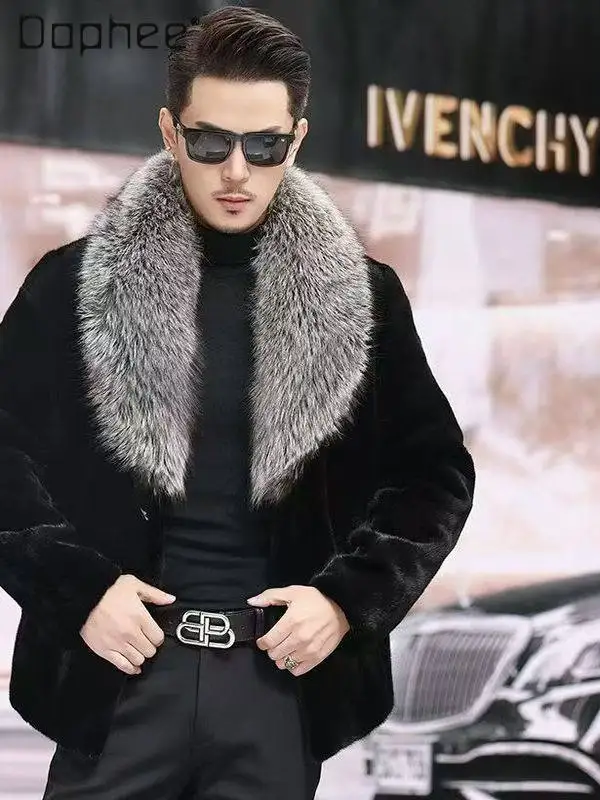 

Winter Light Luxury Elegant Men's Mink Fur Silver Fox Fur Collar Faux Fur Coat High End Casual Short Jacket Thickened Overcoat