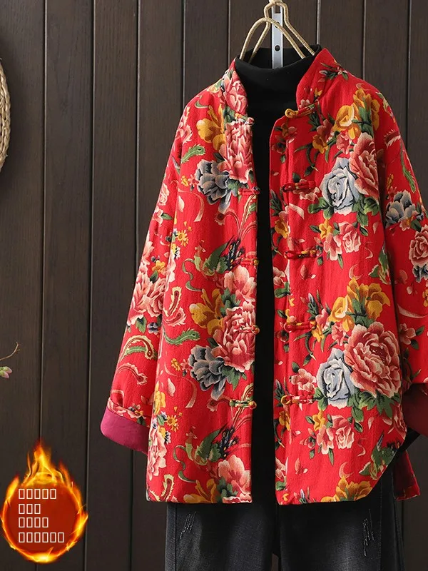 

Vintage Stand Collar Button up Cotton Linen Jaet Large Flower Pattern Winter Women's Outerwear Thiened Long Sve Commute
