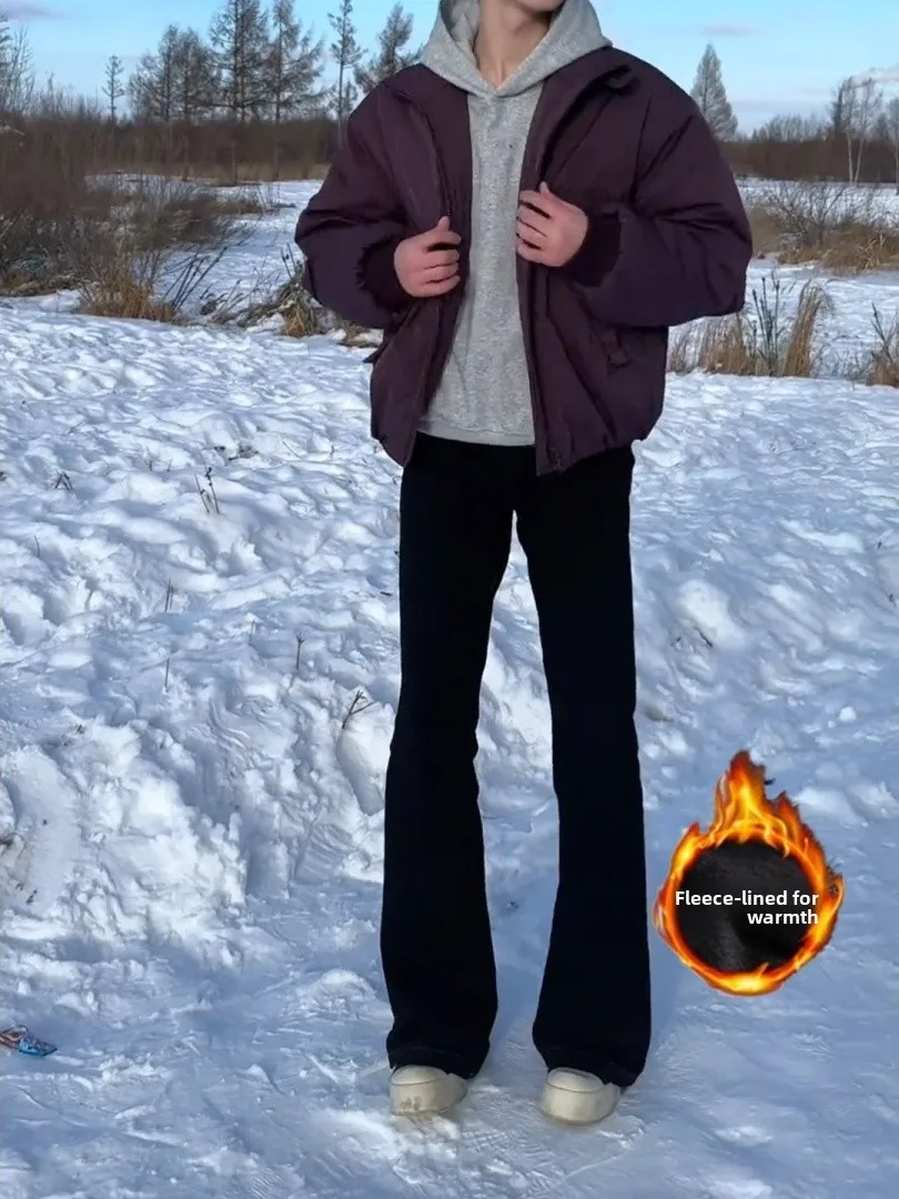 

American High Street Fce Lined High Waist Bell Bot Jeans Men's Autumn Winter Lengthening Legs Knife Straight Leg J...