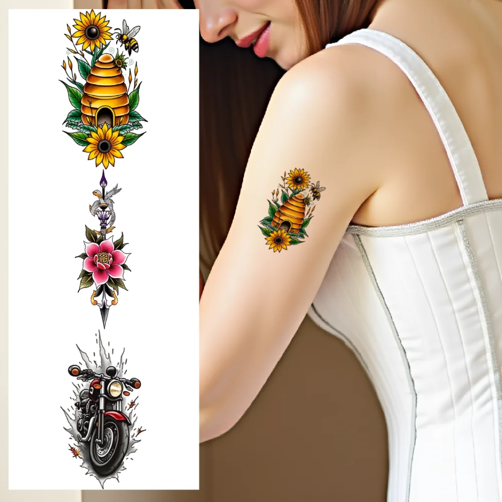 

28pcs Temporary Tattoo Rose Waterproof Long-lasting Body Stickers Knight Skull New School Traditional Beehive For Chest