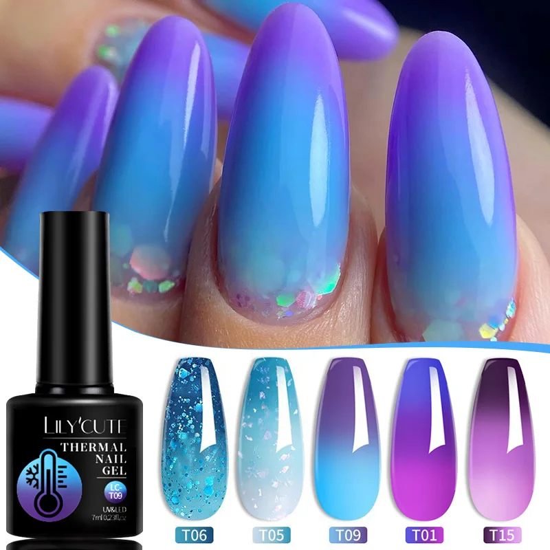 LILYCUTE 7ml Thermal Gel Nail Polish Winter Blue Purple Temperature Color Changing Semi Permanent Manicure Nail Art Gel Varnish