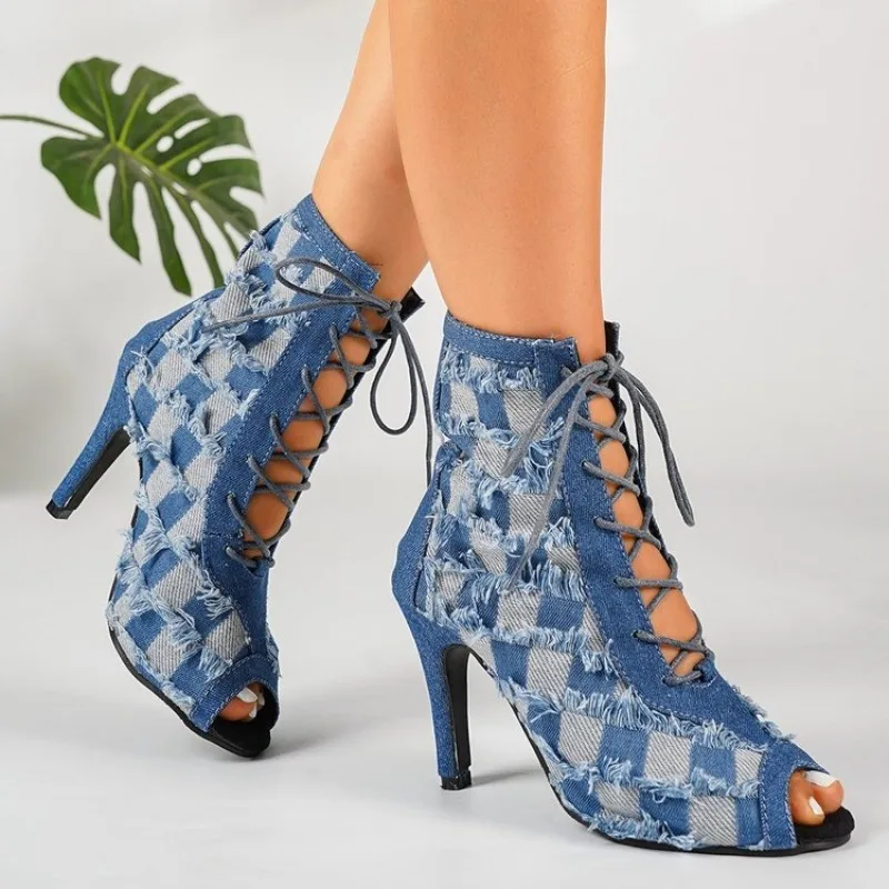 Womens Ankle Boots Open Toe High Stiletto Heel Denim Look Finish Frayed Raw Edge Checkered Pattern Lace Up Front Walking Booties