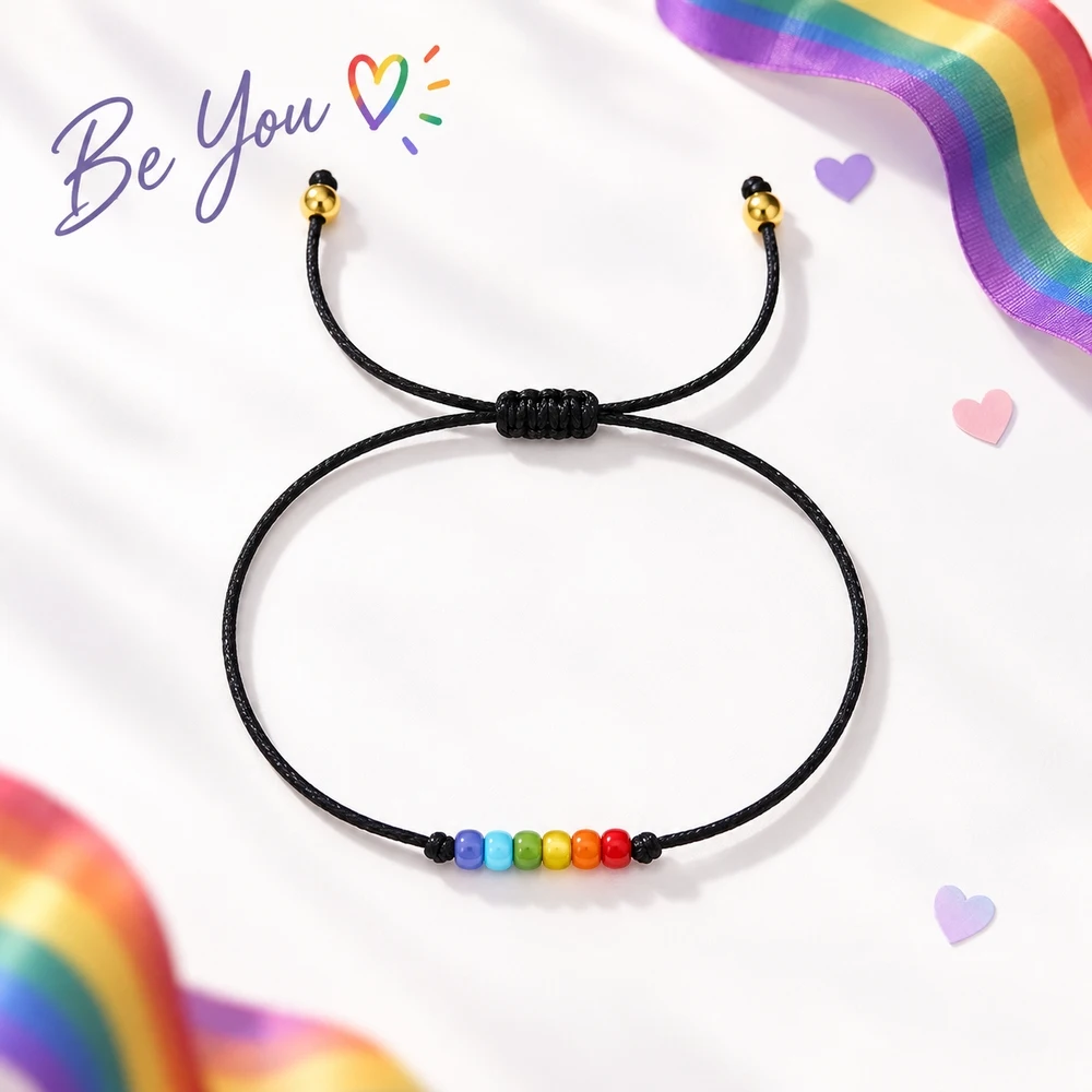 1pc Pride Rainbow Round Plastic Bead Adjustable Black Cord Strand Bracelet Unisex Trendy Love Is Love Design Jewelry