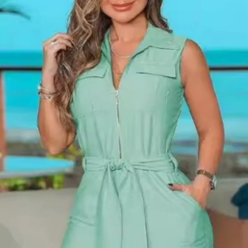 بذلة أنيقة بياقة قميص بدون أكمام بلون سادة وسحاب وحزام واسع الساق ملابس للسيدات قطعة واحدة سراويل طويلة