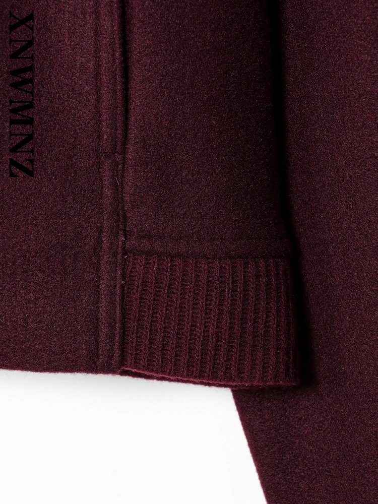 Xnwmnz 2025 outono nova mulher viajando simples manga longa casaco moda chique primavera senhora borgonha casual outerwear zíper