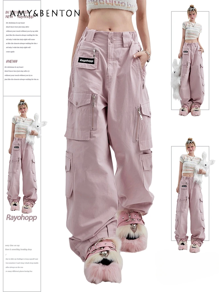 

Pink Cargo Pants Women Summer Dopamine Three-Dimensional Pocket High Waist Slim Straight Pants Retro Hot Girl Y2K Wide-Leg Pants