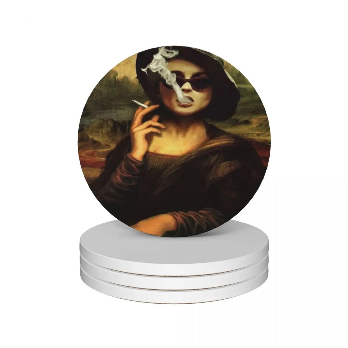 Mona Lisa smokes Ceramic Coasters (Set of 4) christmas Cup mat for cups set Coasters