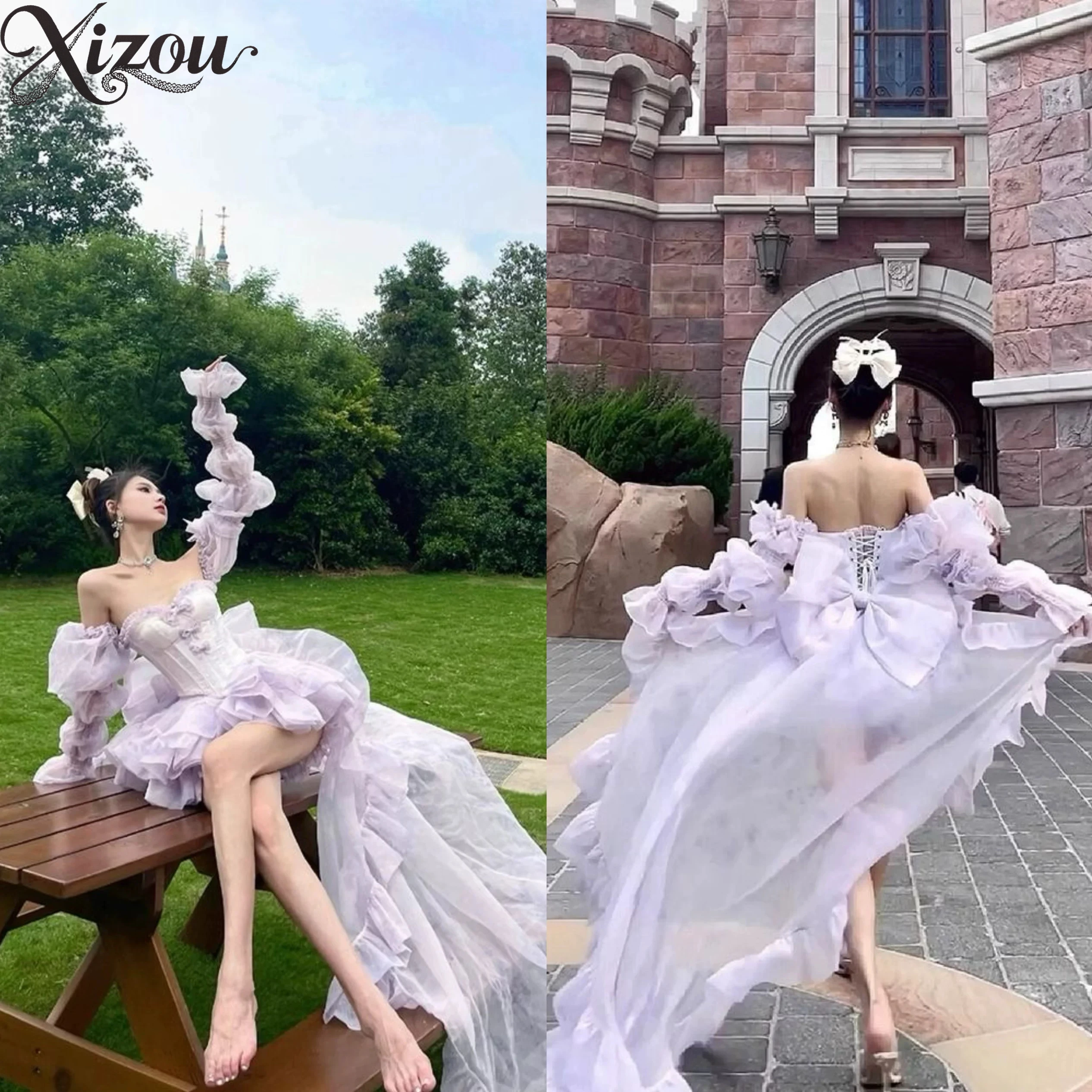 2025 Vrouwen Meisje Zomer Lente Paars Lolita Fee Prinses Set Mouwloze Boog Trailing Bladerdeeg Party Tube Top Pompoen Broek Pak