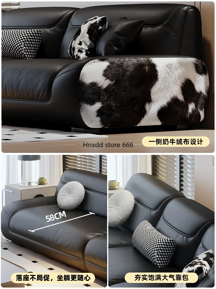 Modernes einfaches Wohnzimmer gerade Reihe großes schwarzes Rindsleder sofa