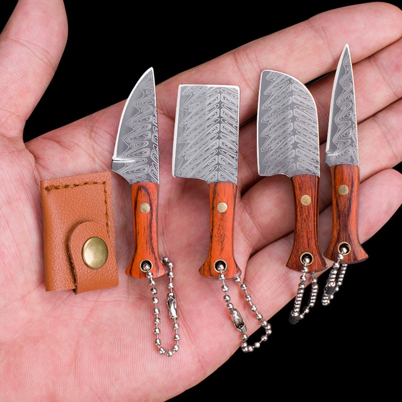 Mini Damascus Laser Pattern Knife Key Chains Pendant Small Blade Straight Knife With Leather Case Portable EDC Knife Tools