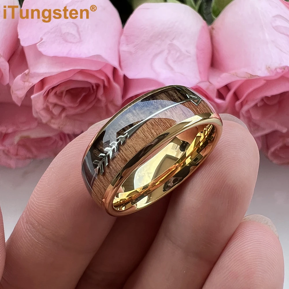 iTungsten 6mm 8mm Tungsten Carbide Ring for Men Women Engagement Wedding Band Fashion Jewelry Arrow Koa Wood Inlay Comfort Fit