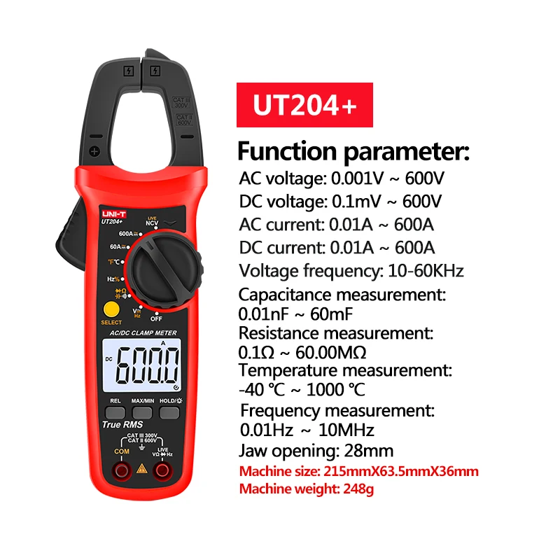 UNI-T UT202A+ UT204+ AC DC Voltage Digital Clamp Meter True RMS 400-600A Pliers Ammeter Auto Range Voltmeter Resistance Test