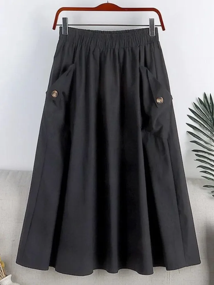 

2024 New Summer Women's A-Line Midi Skirt with Pockets And Buttons Workwear Style Loose Fit Elegant Casual Skirts