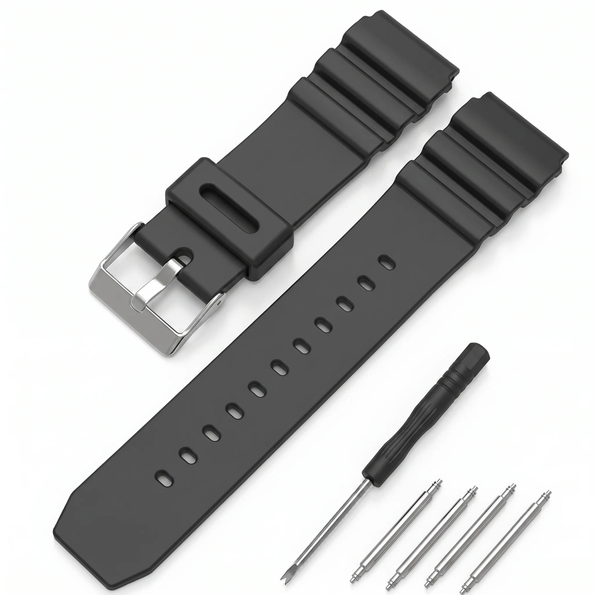 Correas de reloj de silicona 18 20 22 mm Hombres Negro Deportes Buceo Correa de reloj de goma Hebilla de acero inoxidable plateada