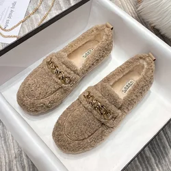 Plus Size 33- 42 43 Women Girls Winter Shoes Cashmere Lamb Flats Shoes Plush Lining Keep Warm Loafers Slip on