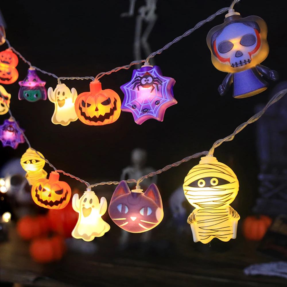 10/20 LED Battery Powered String Lights With Ghost Witch Pumpkin Spider Web Skeleton Mummy Pirate Shape Halloween Night Light