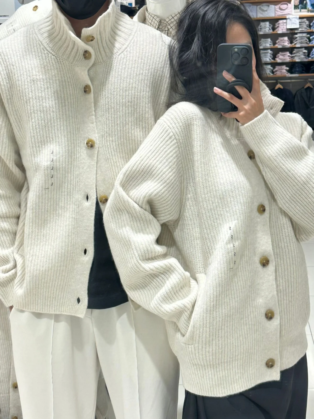 

Свободный вязаный кардиган-пальто унисекс с длинными рукавами, повседневная верхняя одежда из хлопковой пряжи с круглым вырезом и пуговицами для осени