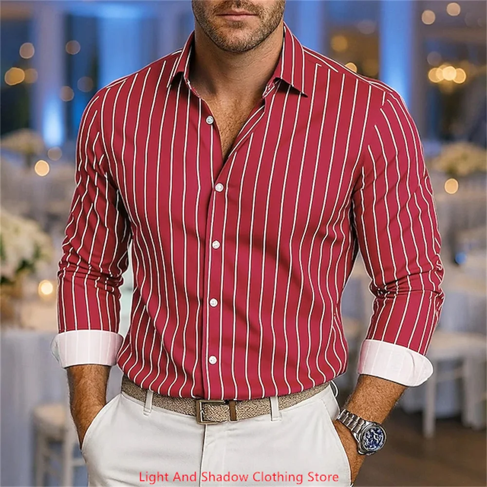 Men's Hot Selling Striped Shirt, Fashionable Business Casual Long Sleeved Shirt, Comfortable and Soft Printed High-Quality Top