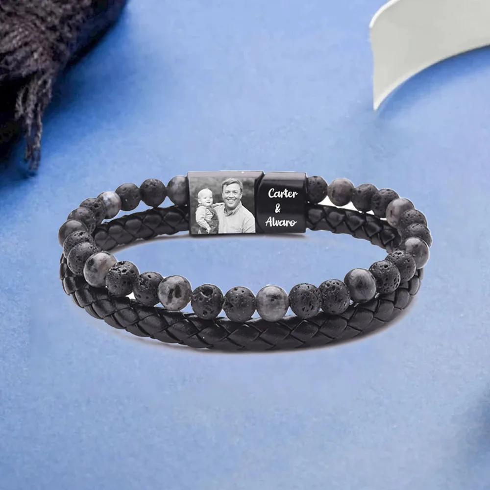 Personalize Men Photo Bracelets with Beads 2 Names Charm Bangle Black Stackable Jewelry Gift for Father Dad Grandpa Son