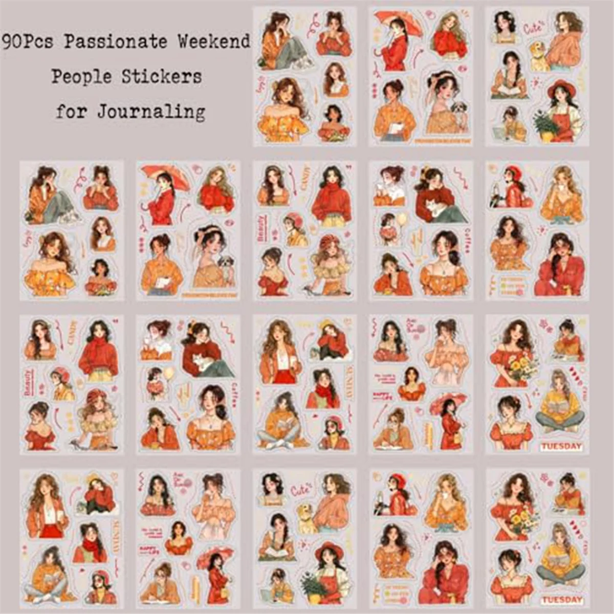 AA98 People Journal Sticker Book for Journaling Supplies, 18 Sheets 90Pcs Scrapbook Stickers for Junk Journal Supplies,E - view 4