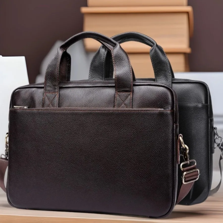 

【New style】Handbag men's top-layer cowhide business briefcase genuine leather men's bag horizontal retro computer bag grid men'