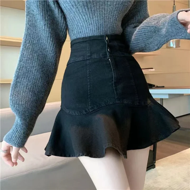 

Spring Summer Lady Women Clothing High Waisted Ruffled Black Denim Trumpet Mini Skirt , Woman Slim Mermaid Skirts