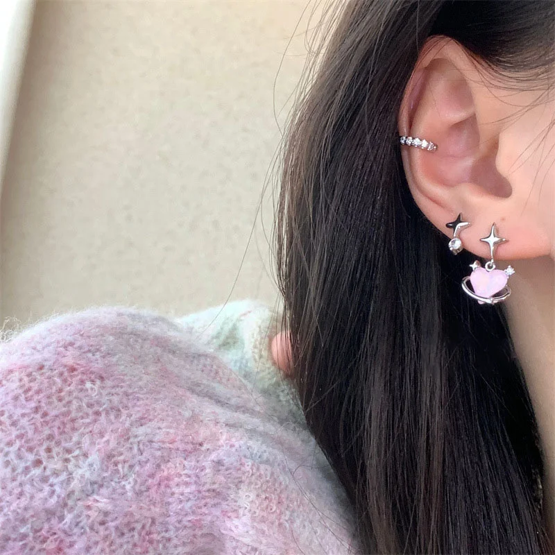 6pcs/set Women Silver Color Y2K Pink Crystal Heart Stud Earring Korean Trendy Punk Sweet Cool Bow Star Earring Aesthetic Jewelry