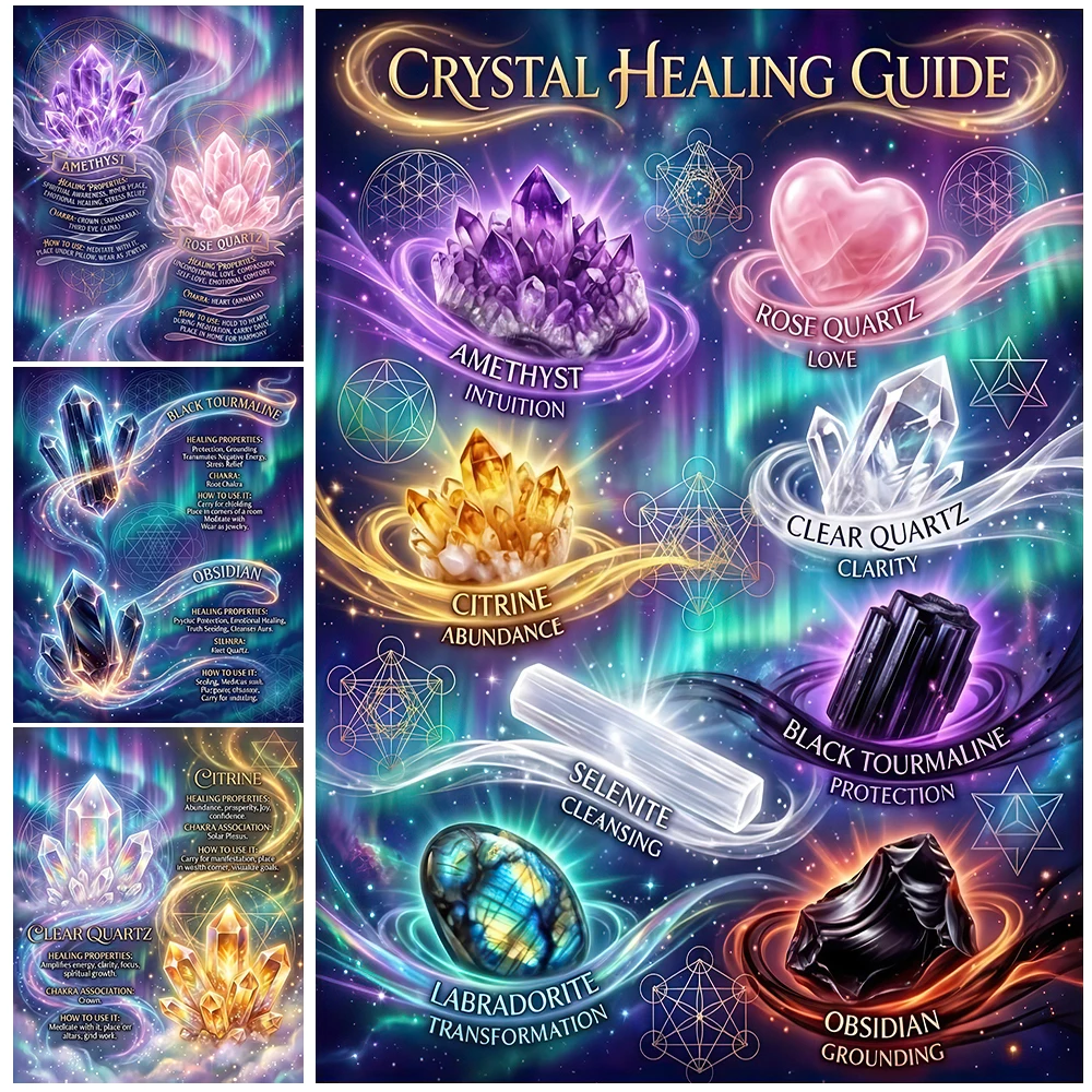 Crystal Healing Guide Abstract Wall Art Canvas Print,Spiritual Art Print,Witchy Decor,Yoga Studio & Meditation Room Art Poster