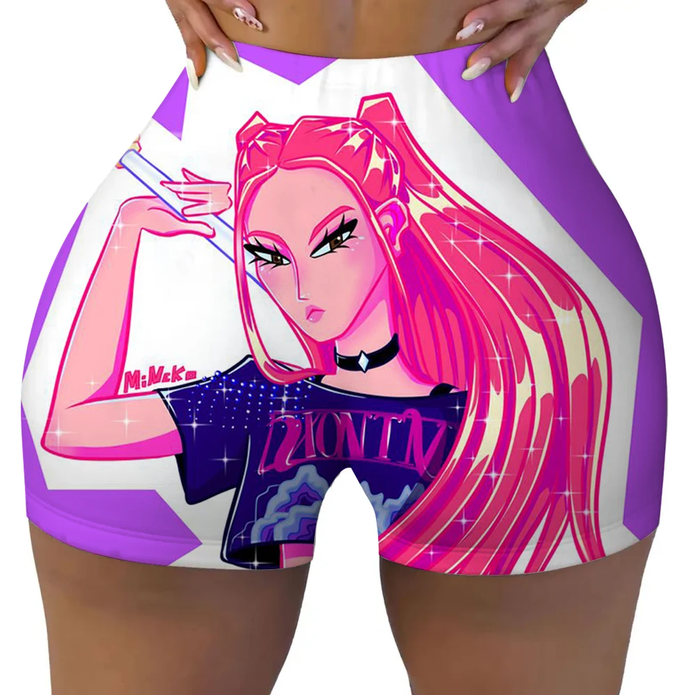 Summer Womens Tight Shorts Broken K-pop Demon HuntersPrinting Fitness Short Pantsstretch Soft Thin Female Sport Swear