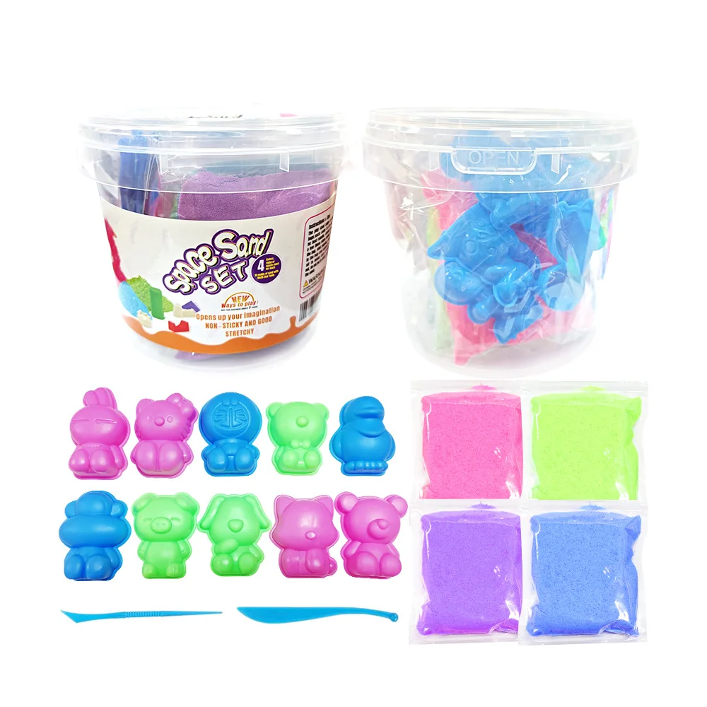 Kids Space Sand Playset 4 Colors with Bucket and Molds, Non-Sticky DIY Art Sand for Sensory Training