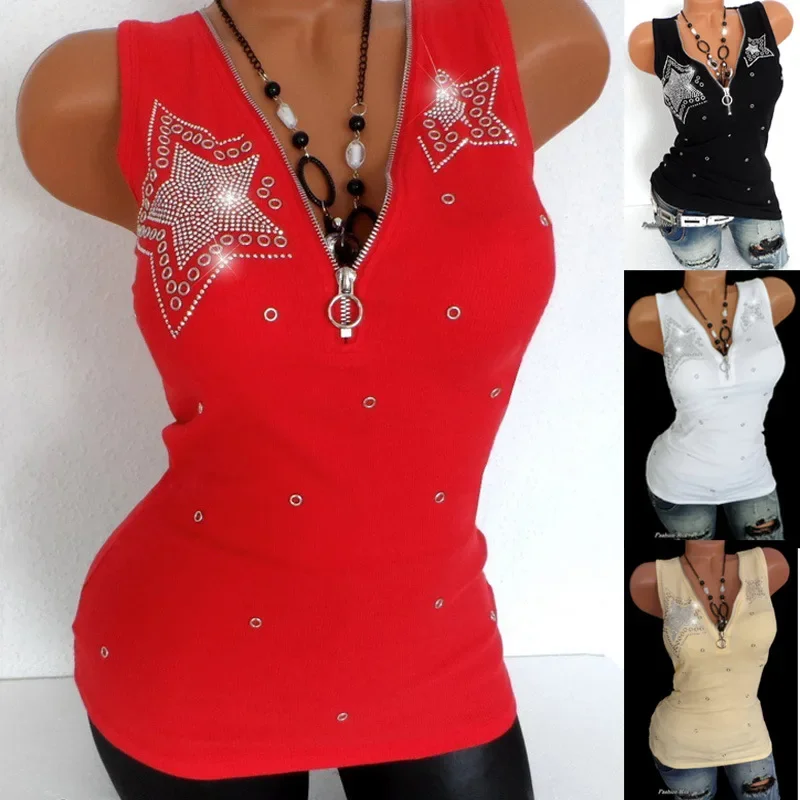 Camisetas sin mangas elásticas con cuentas para mujer, Camiseta de algodón Sexy con cremallera y cuello en V, camisetas sin mangas para mujer,