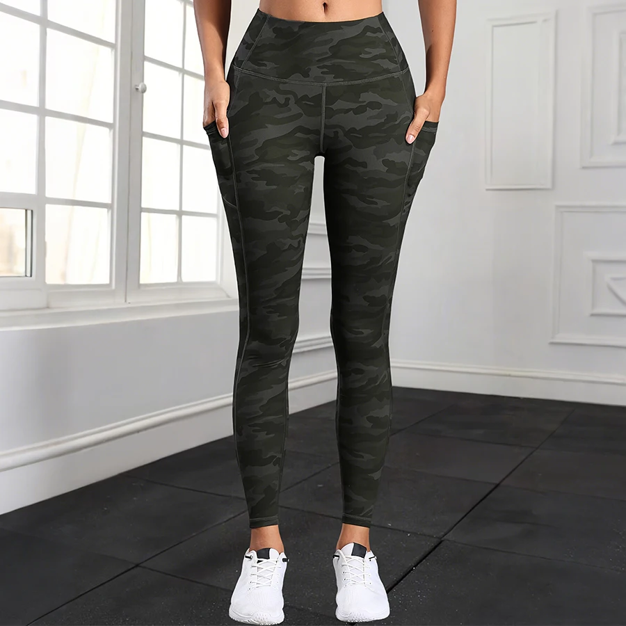 Leggings with Pockets for Women Tummy Control High Waisted Workout Yoga Pants Camouflage Printing Fitness Tights Casual Wear image 3