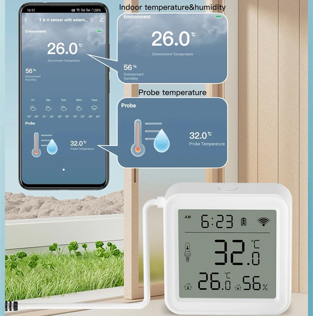 Tuya WiFi/ ZigbeeTemperature Humidity Sensor with External Probe for Smart Life App Remote Alarm System for Freezer Fish Tank