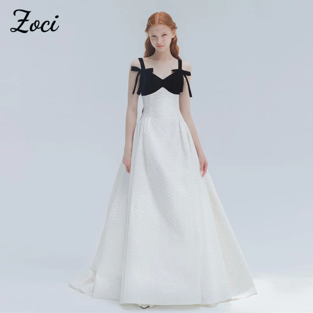 

Zoci Elegant Sweetheart Korea Wedding Dresses Black White Wide Straps Photos Shoot Dress Customized Bow Corset Long Bridal Gown