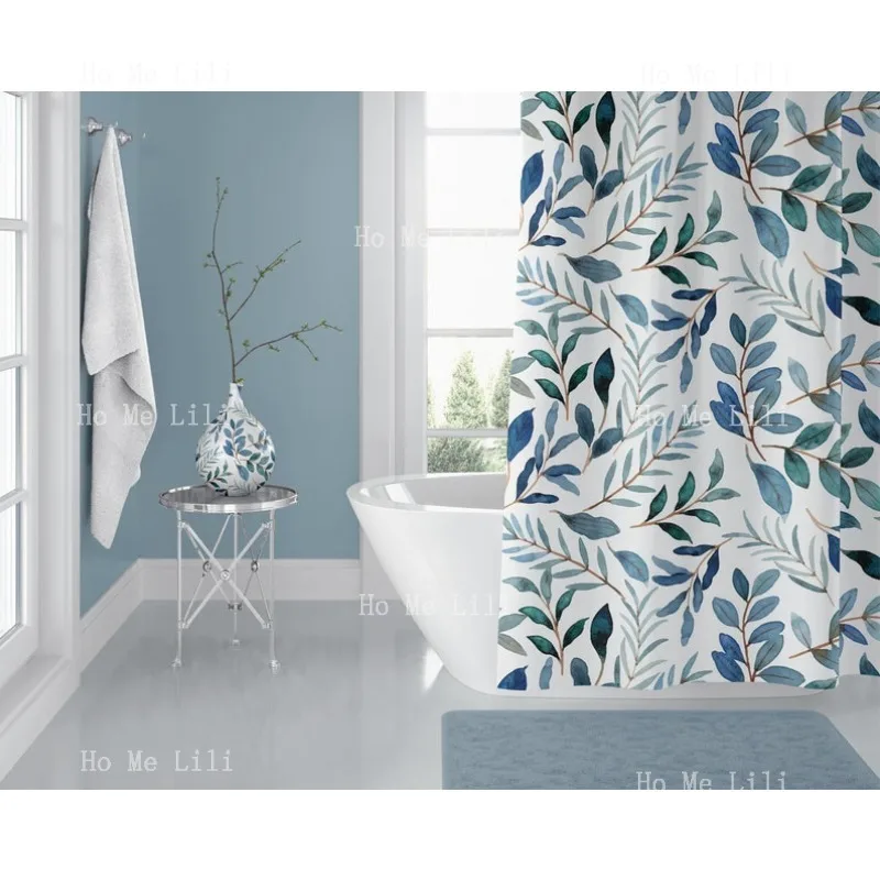 

Ботанические шторы 1, деревенский французский современный фермерский дом, ванная комната, синий, бирюзовый, листья эвкалипта, душ, акварель, художественный принт, декор