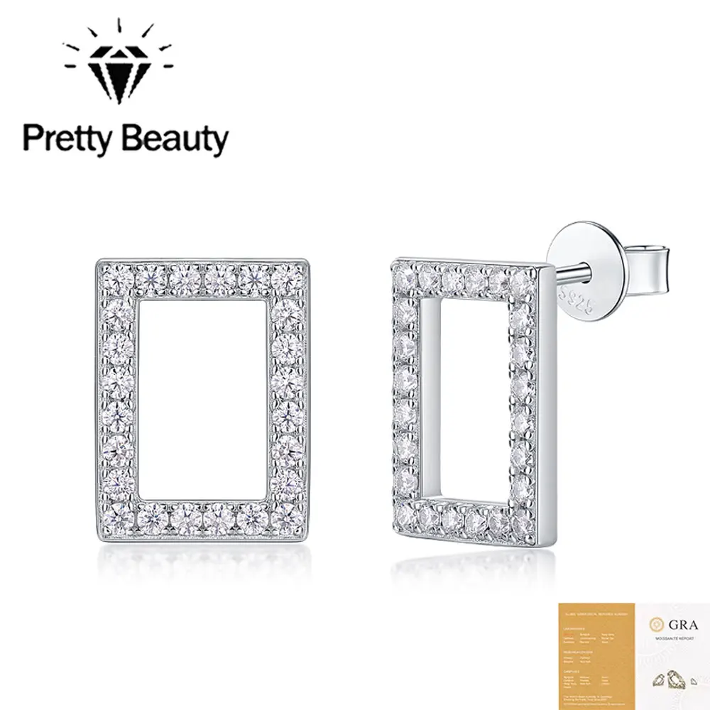 Pretty Beauty Moissanite Rectangle Stud Earrings 925 Sterling Silver Pave Set Diamond Stud Earrings Fine Jewelry Gifts for Women