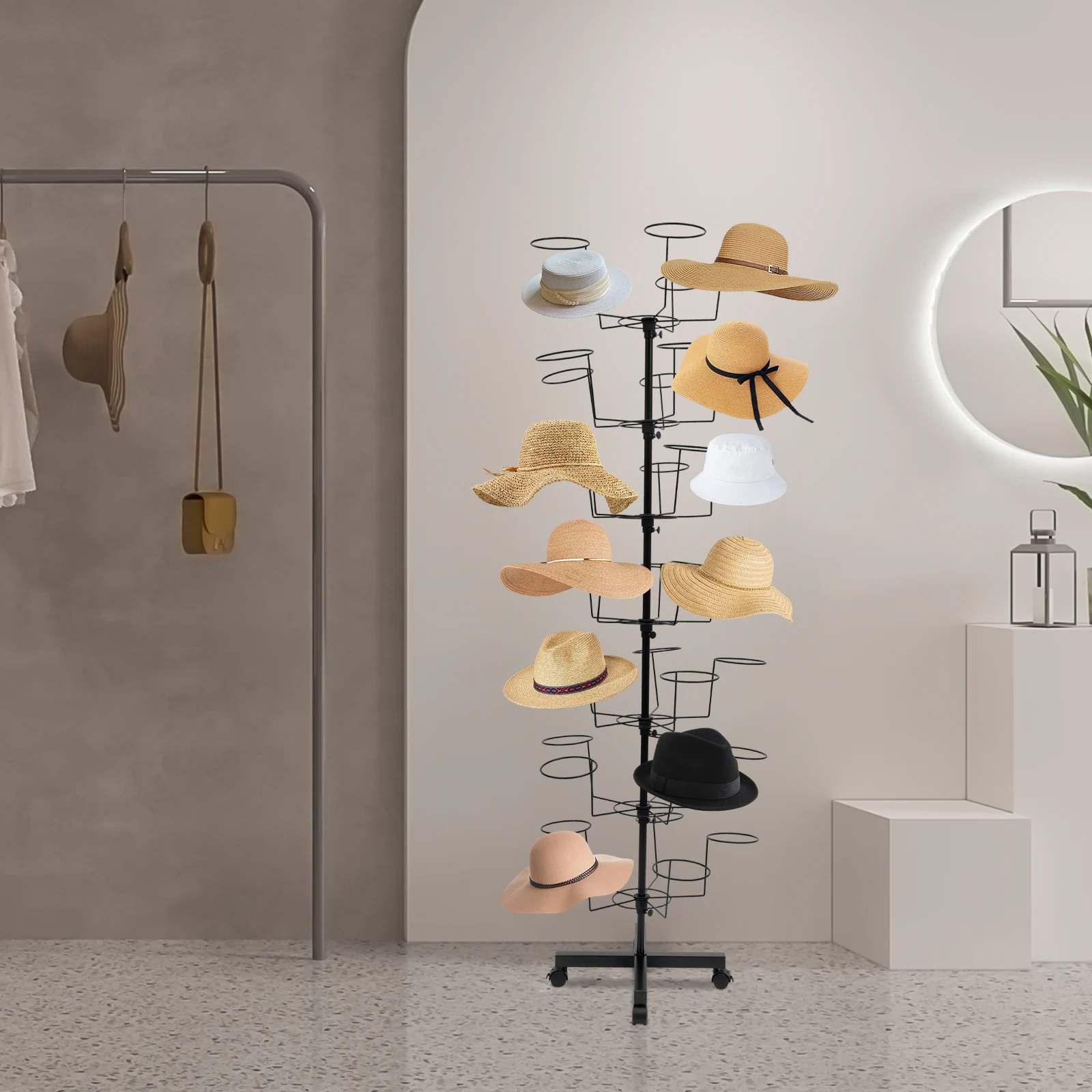 

7-Tier Hat Rack, Commercial Rotating Hat Display Rack 35 Hooks Metal Freestanding Retail Display Stand Headwear Wig Rack, Black
