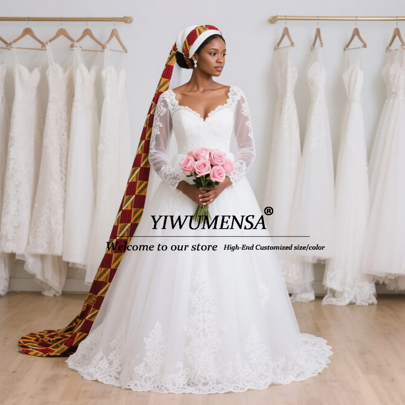 Elegant Lace A Line Wedding Dresses For Bride Sweetheart Appliques Tulle Long Sleeves Bridal Gowns African Women Marriage Dress
