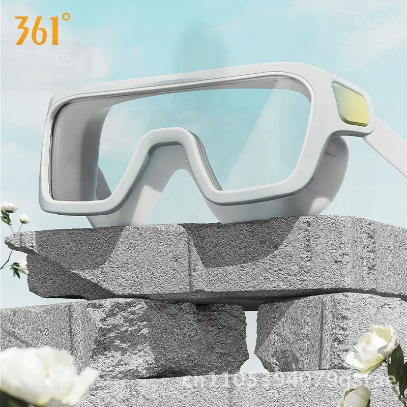 361 الرجال النساء الكبار نظارات السباحة HD مكافحة الضباب مقاوم للماء شقة إطار كبير نظارات الغوص سنو وايت/الراقية