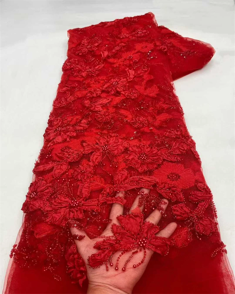 

African Handmade Sequins Net Pearls Lace Fabric French Heavy Beaded Tulle Lace Fabric For Bridal Party Dress Material