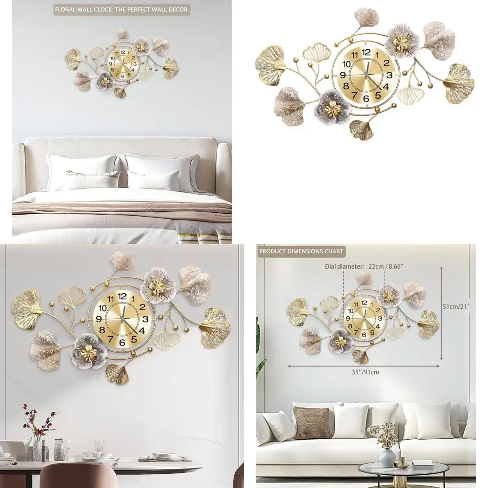 

Elegant 3D Silent Wall Clock, Large Vintage Ginkgo Leaf Design, 35x20, Ideal for Living Room, Bedroom, and Kitchen Decor
