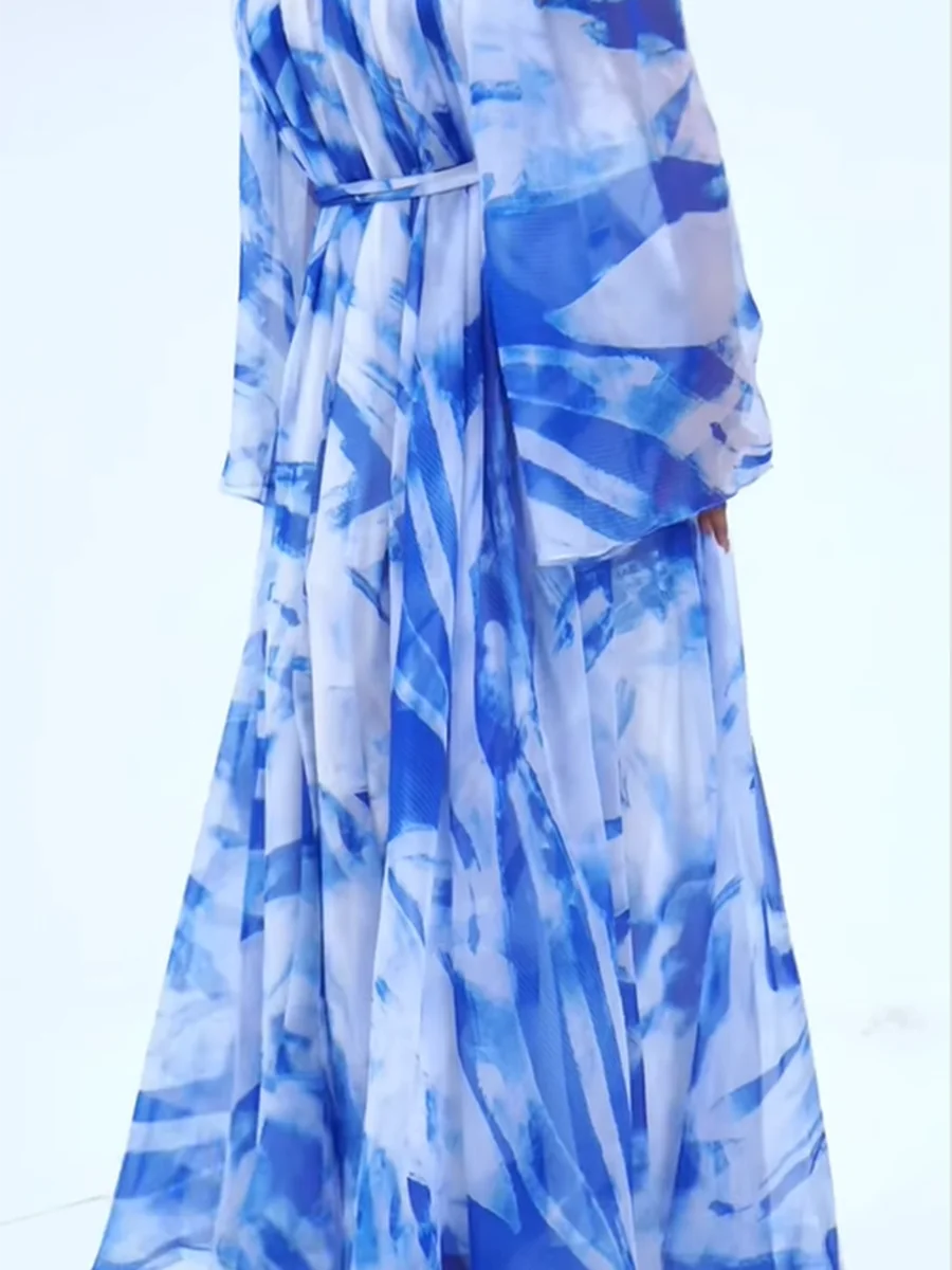 VGH Colorblock พิมพ์ Spliced Sheer ตาข่ายชุดผู้หญิงขาตั้งคอ Patchwork เพชรแขนยาวหลวมพับชุดหญิง