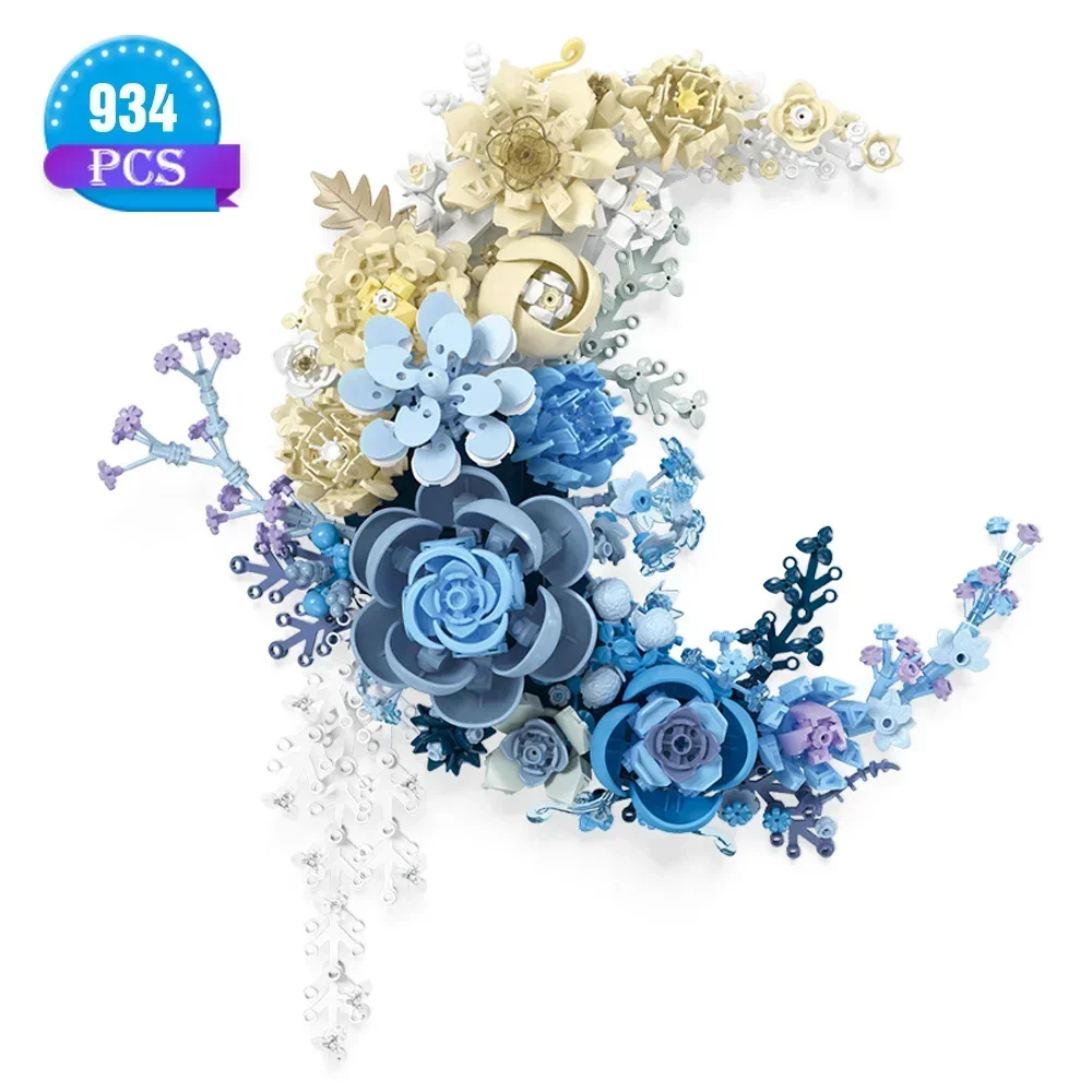 934 PCS Gradient Moon Flower Building Block Set, Exquisite Blue Rose,Gardenia,Jasmine Other Artificial Plant Building Block Toys