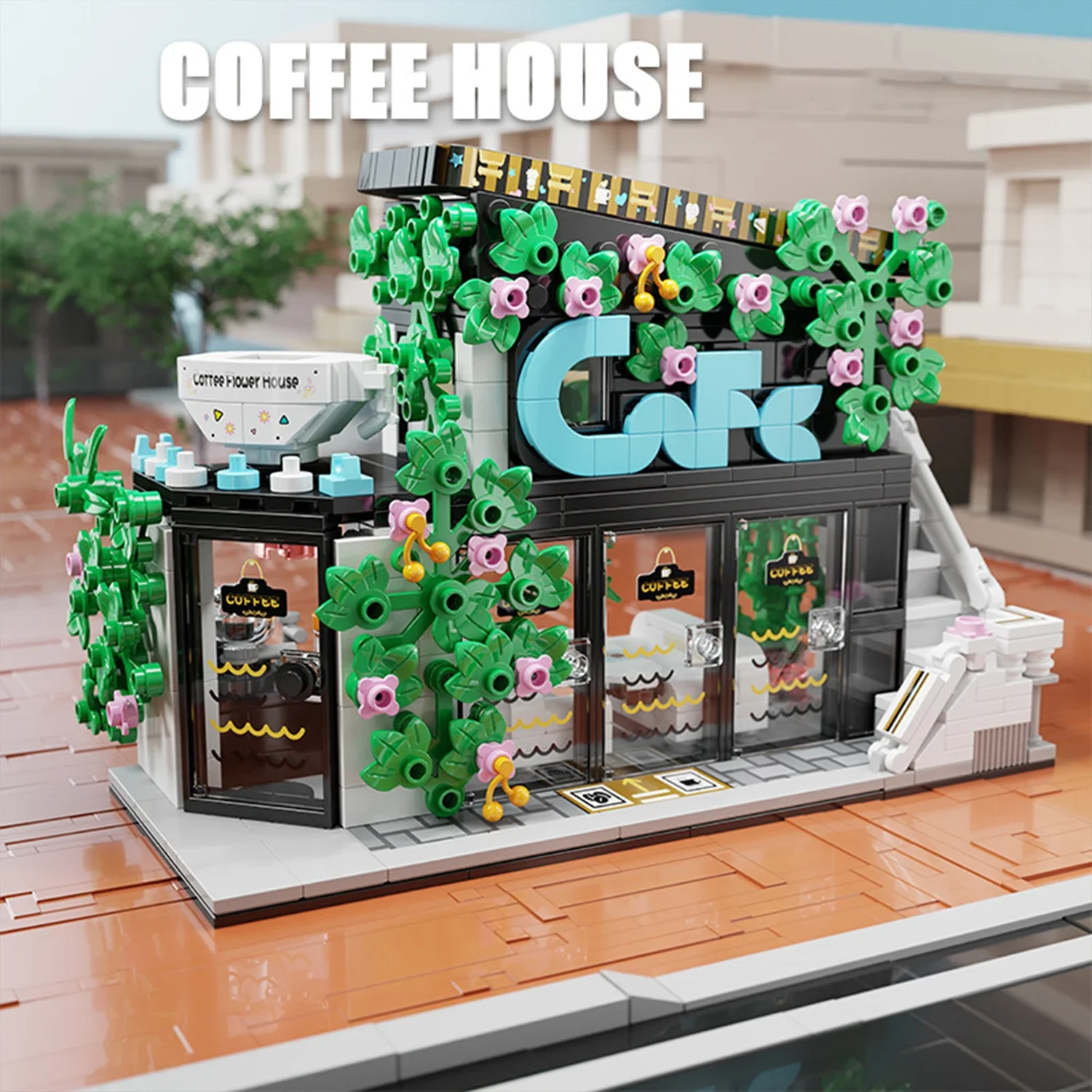 Moc Coffee Flower House Building Blocks With Lights City Street View Kids Toy  Assembly Bricks Model Home Ornament Girl Gifts