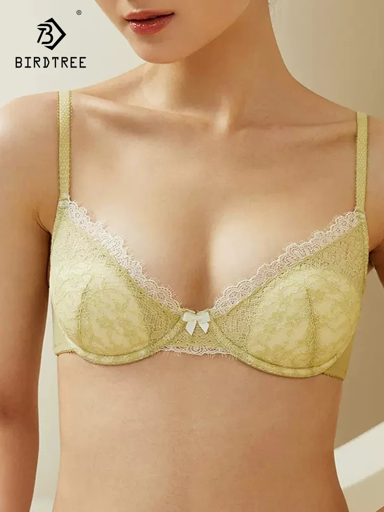 

BirdTree Lining 100%Mulberry Silk Bra, Women Lace Gathering, Soft Steel Ring Sexy Underwear, 2024 Spring Summer New P41915QC