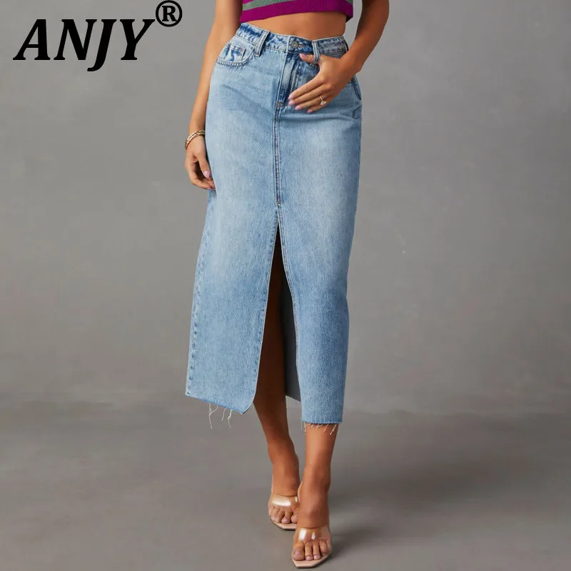 

ANJY Summer New Women Chic Y2K High Street Elegant Fashion Vintage Simple Style Casual Tide Pocket Front Split Denim Skirt A7675