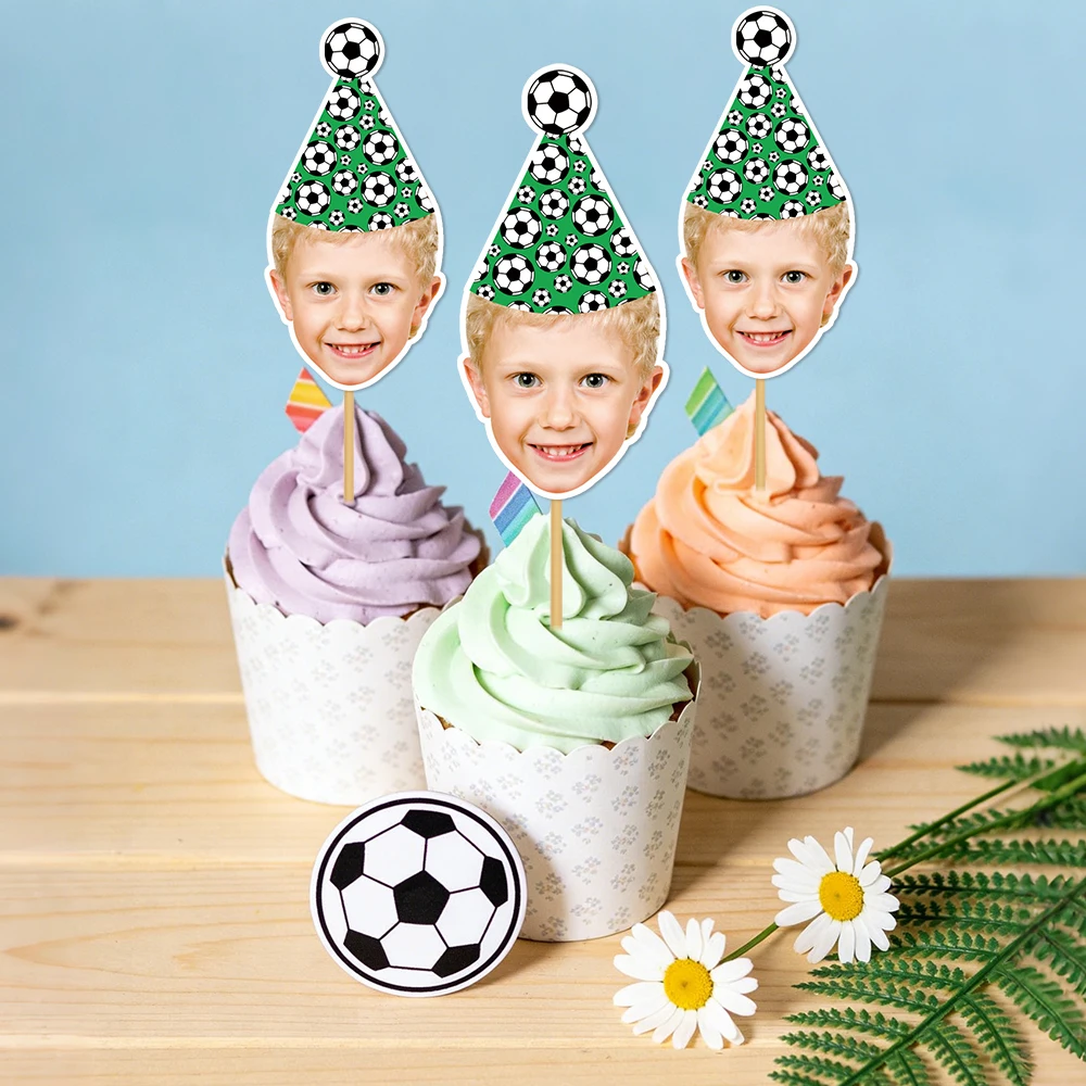 Personalisierter Tortenaufsatz für Gesichtsfußballpartys, verwendet für Sportthemen, Fußball-Geburtstagsfeiern, Meilenstein-Partydekorationen