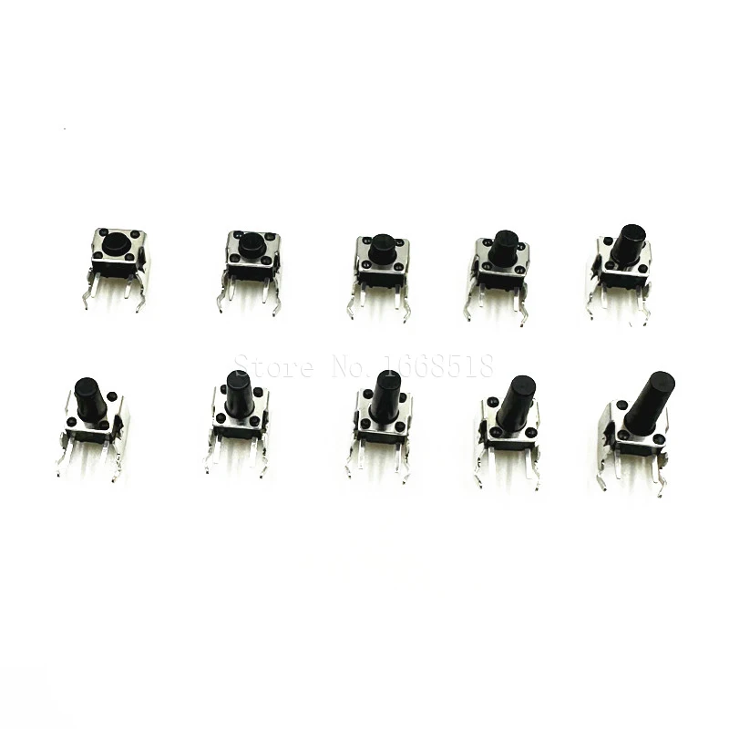 瞬間触覚ミニスイッチ,混合ボックス,10値,6x6mm, 6x6x4.3mm, 6x6mm, 100個,ステント付き直角,5mm 7mm、8mm、9mm、10mm、11mm、12mm